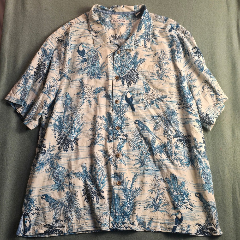 Tommy Bahama Mens 2XLB Blue White Silk Tropical Parrot Toucan Camp Shirt 2XL Big - Picture 9 of 15